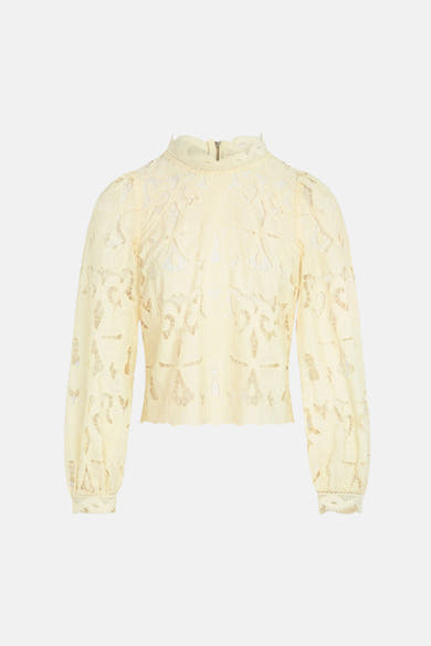 Blouse jaune à manches longues de Morgan de Toi avec détails en dentelle florale ajourée.