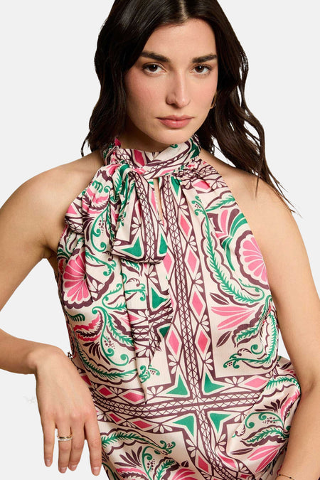 Blouse sans manches multicolore de Morgan de Toi à motif floral et géométrique, col haut avec nœud décoratif.