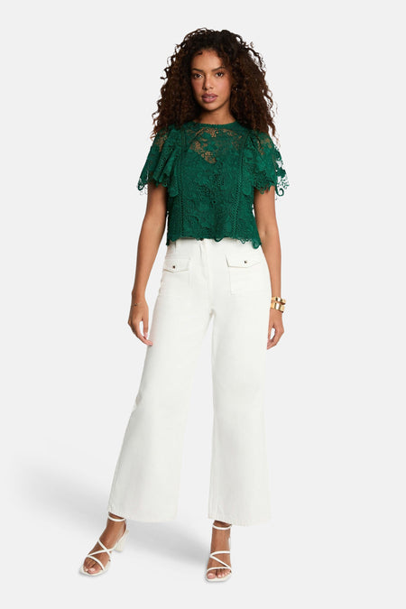 Blouse verte à manches courtes de Morgan de Toi, en dentelle florale avec une coupe ample.