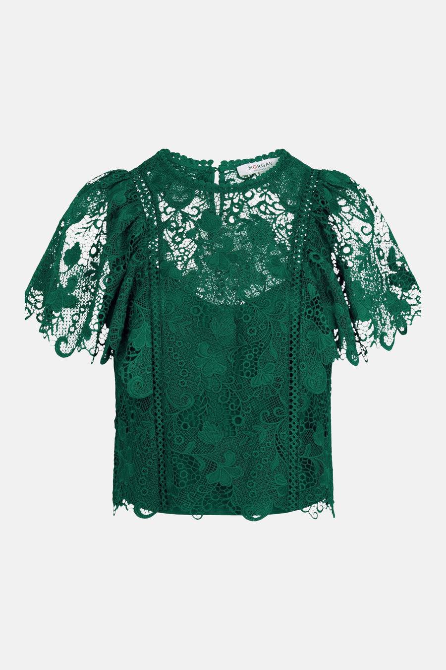 Groene kanten blouse van Morgan de Toi, met korte pofmouwen en een ingewikkeld bloemenpatroon.