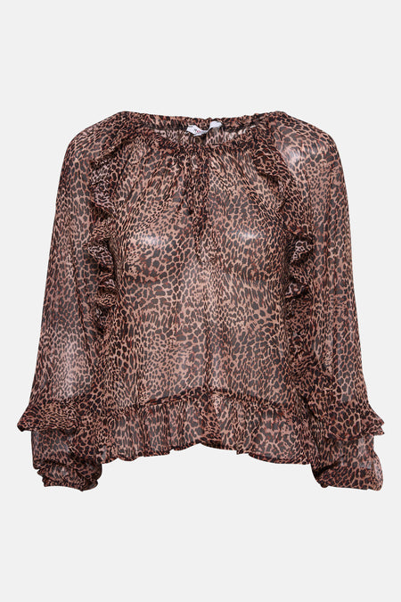 Bruine bruine met lange mouwen van Morgan de Toi met luipaardprint en decoratieve ruches.