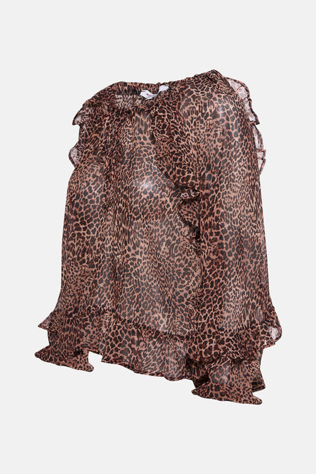 Bruine met lange mouwen in bruin van Morgan de Toi, met luipaardprint en decoratieve ruches.