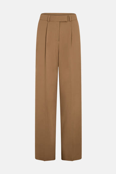 Pantalon de costume brun de Morgan de Toi, coupe ample à plis, sur fond uni.
