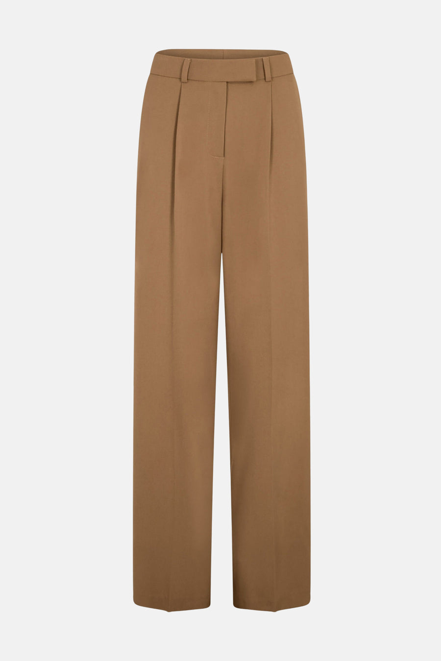 Pantalon de costume brun de Morgan de Toi, coupe ample à plis, sur fond uni.