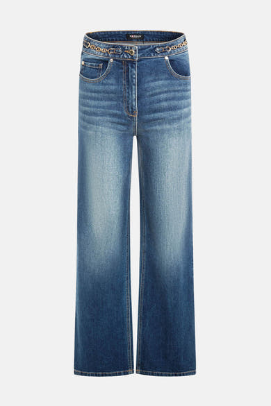 Wijde spijkerbroek in donkerblauw denim van Morgan de Toi, met een decoratieve gouden kettingriem.