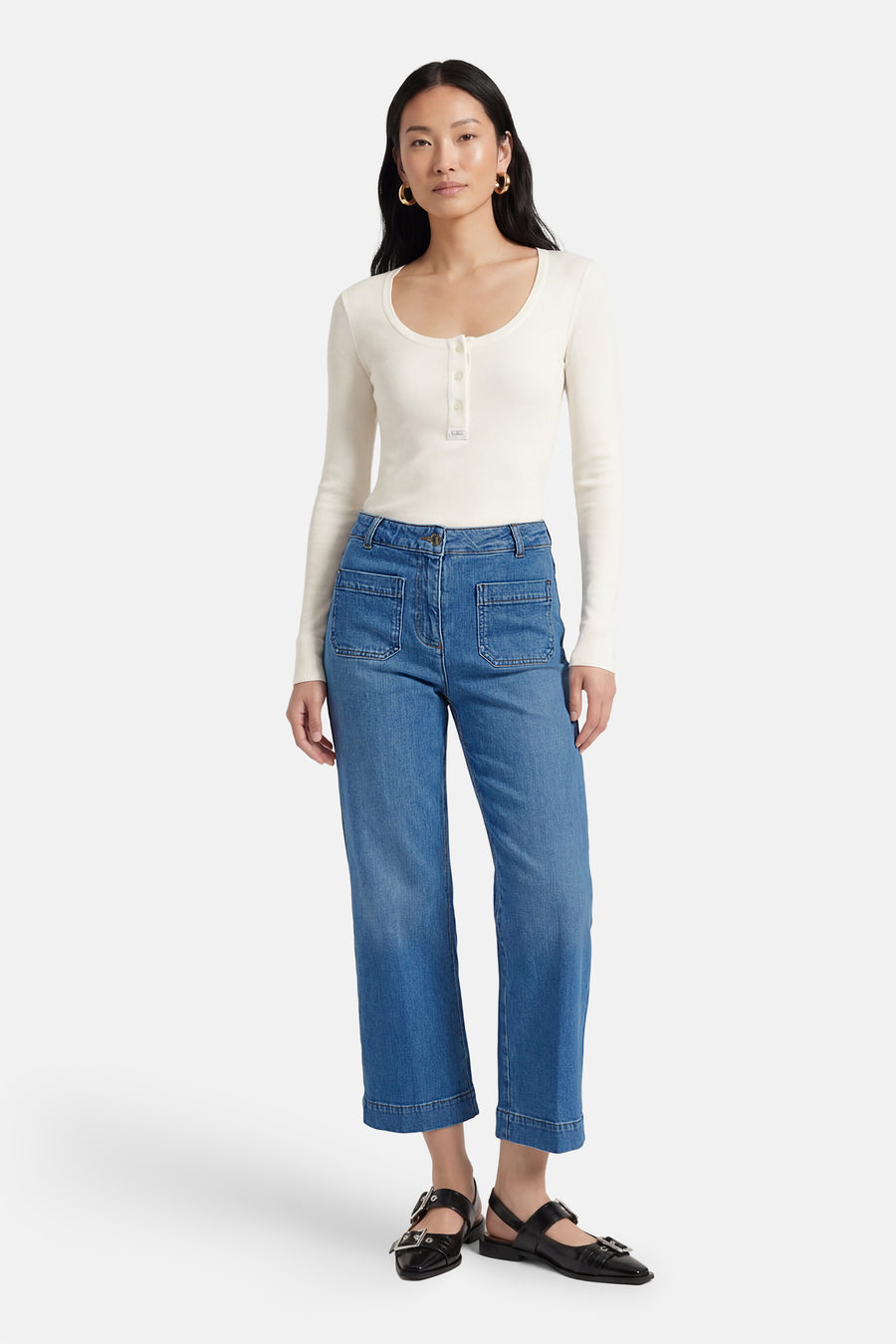 Jean large en denim bleu moyen de CAROLL, avec poches plaquées et ourlet retourné.