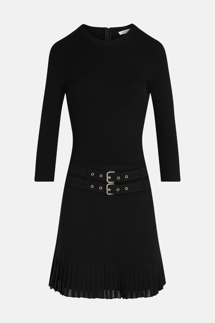 Robe noire 3/4 de Morgan, avec ceinture à double boucle et jupe plissée.