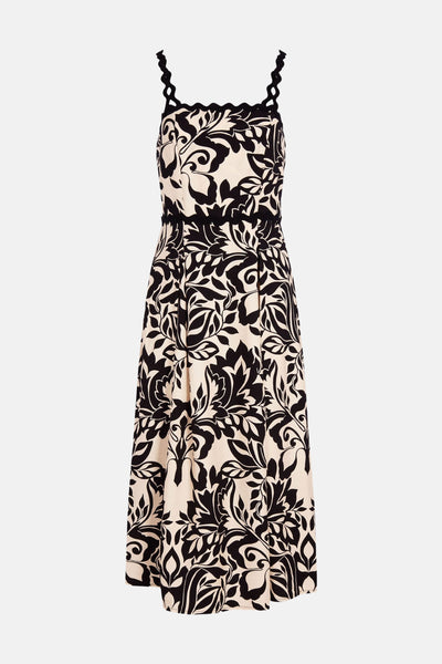 Robe midi noire et crème de Morgan de Toi, à motif floral avec bretelles festonnées et jupe plissée.
