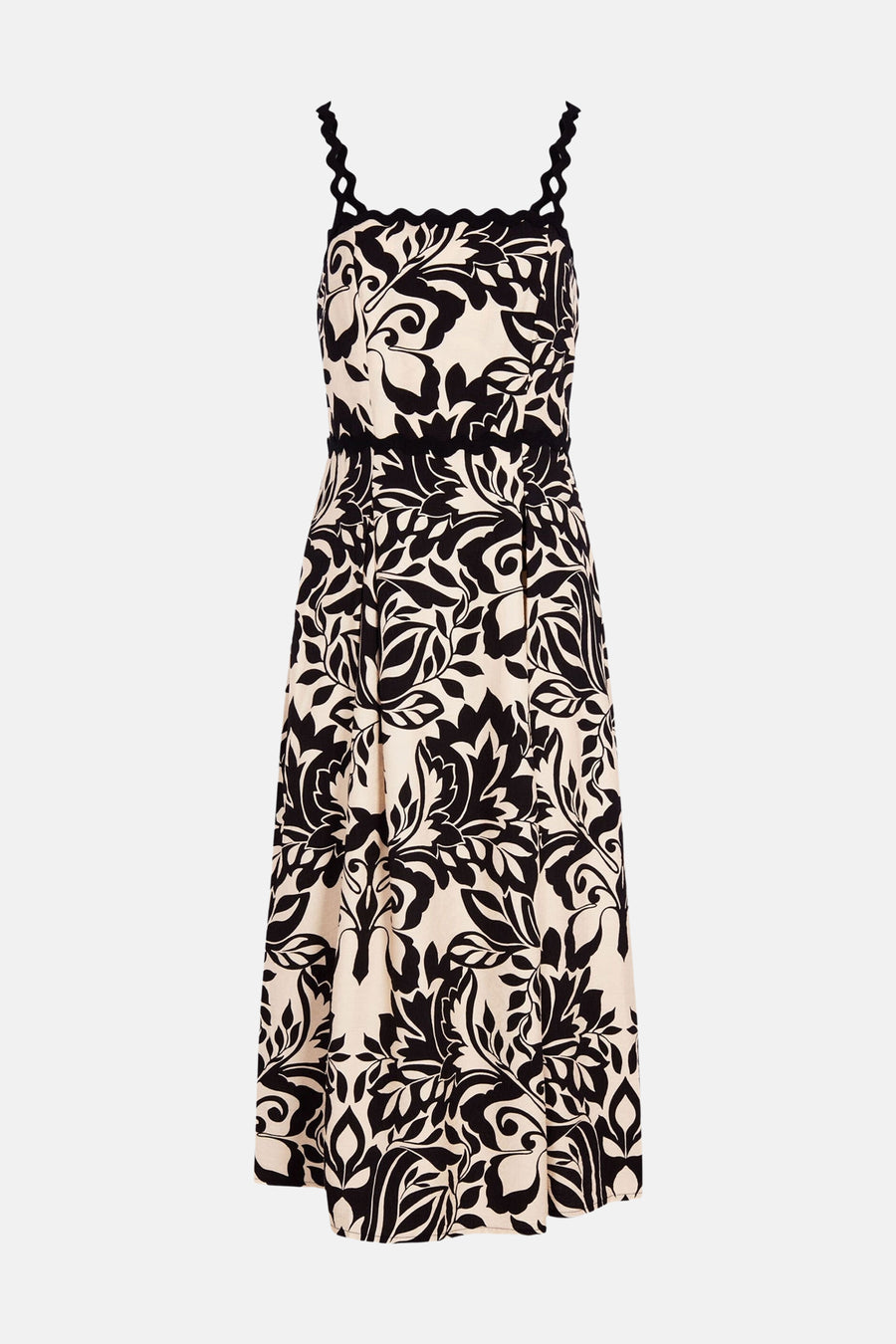 Zwarte en gebroken witte midi-jurk van Morgan de Toi met bloemenprint, met bandjes en geschulpte taille.