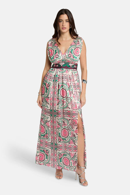 Lange meerkleurige jurk van Morgan de Toi met bloemenprint, diepe rug en geplooide taille.