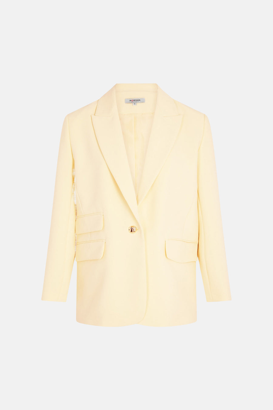 Blazer jaune, par Morgan de Toi, avec une boutonnière dorée et des poches plaquées.