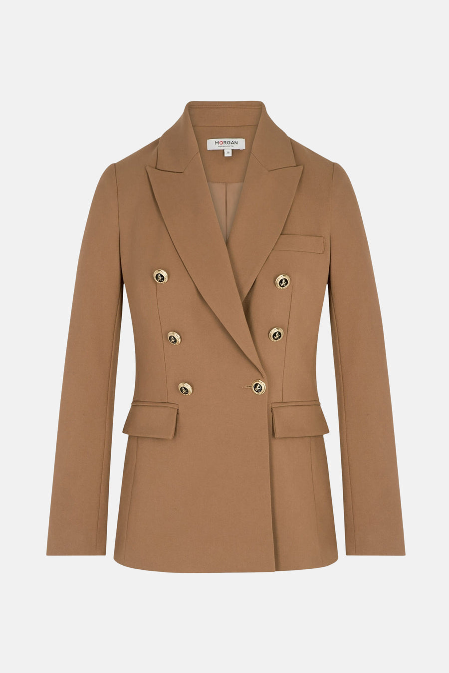 Blazer marron by Morgan de Toi, coupe croisée avec boutons dorés et poches à rabat.