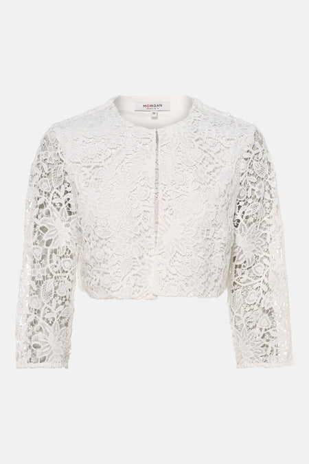 Gilet blanc en dentelle de Morgan de Toi avec manches trois-quarts et motifs floraux.