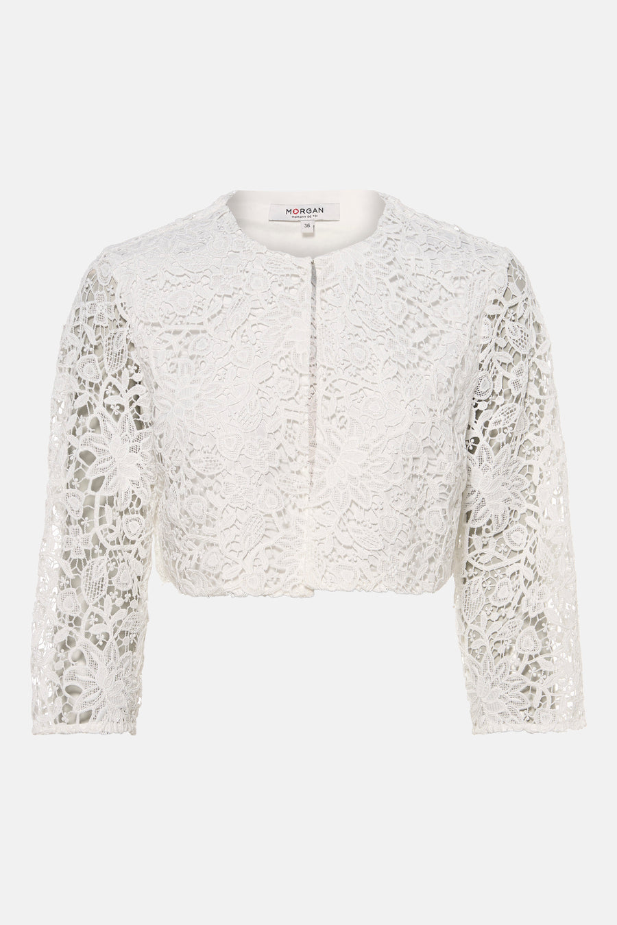 Gilet blanc en dentelle de Morgan de Toi avec manches trois-quarts et motifs floraux.
