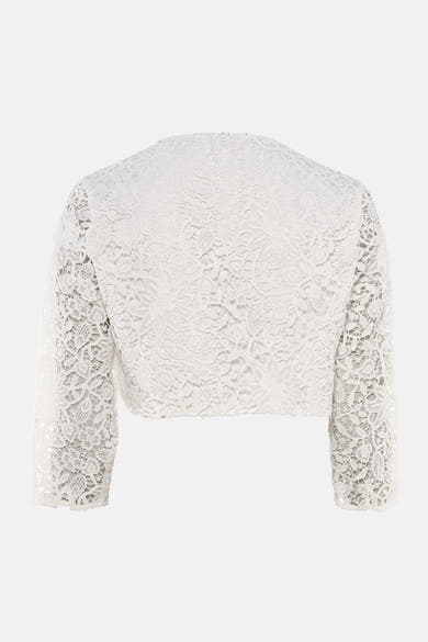 Gilet blanc en dentelle de Morgan de Toi, avec manches trois-quarts et motif floral délicat.