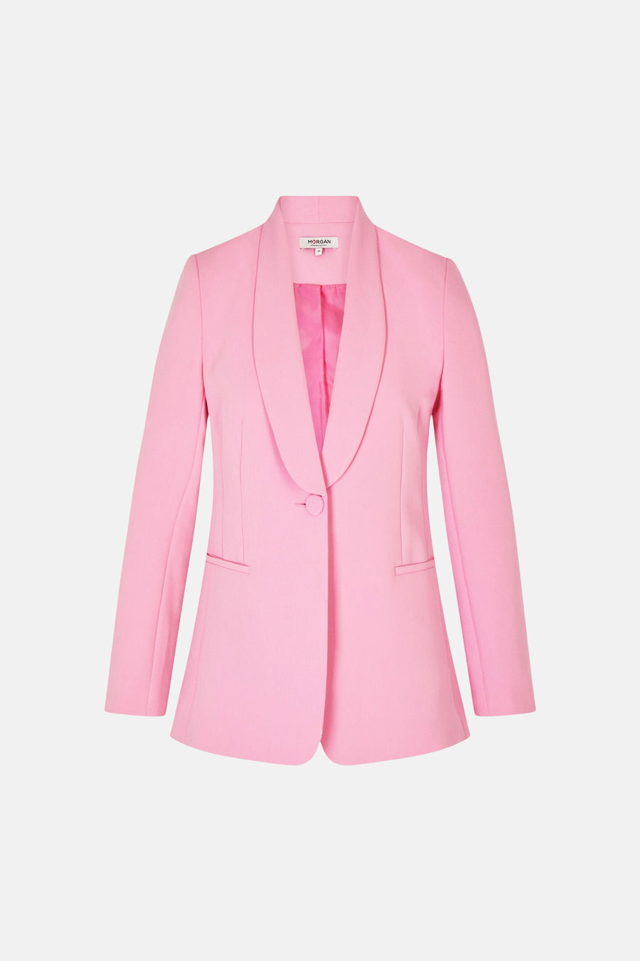 Blazer rose par Morgan de Toi, avec un col châle et une fermeture à un bouton.