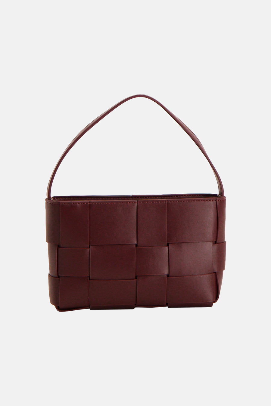 Red woven leather handbag with structured rectangular shape and top handle, front view