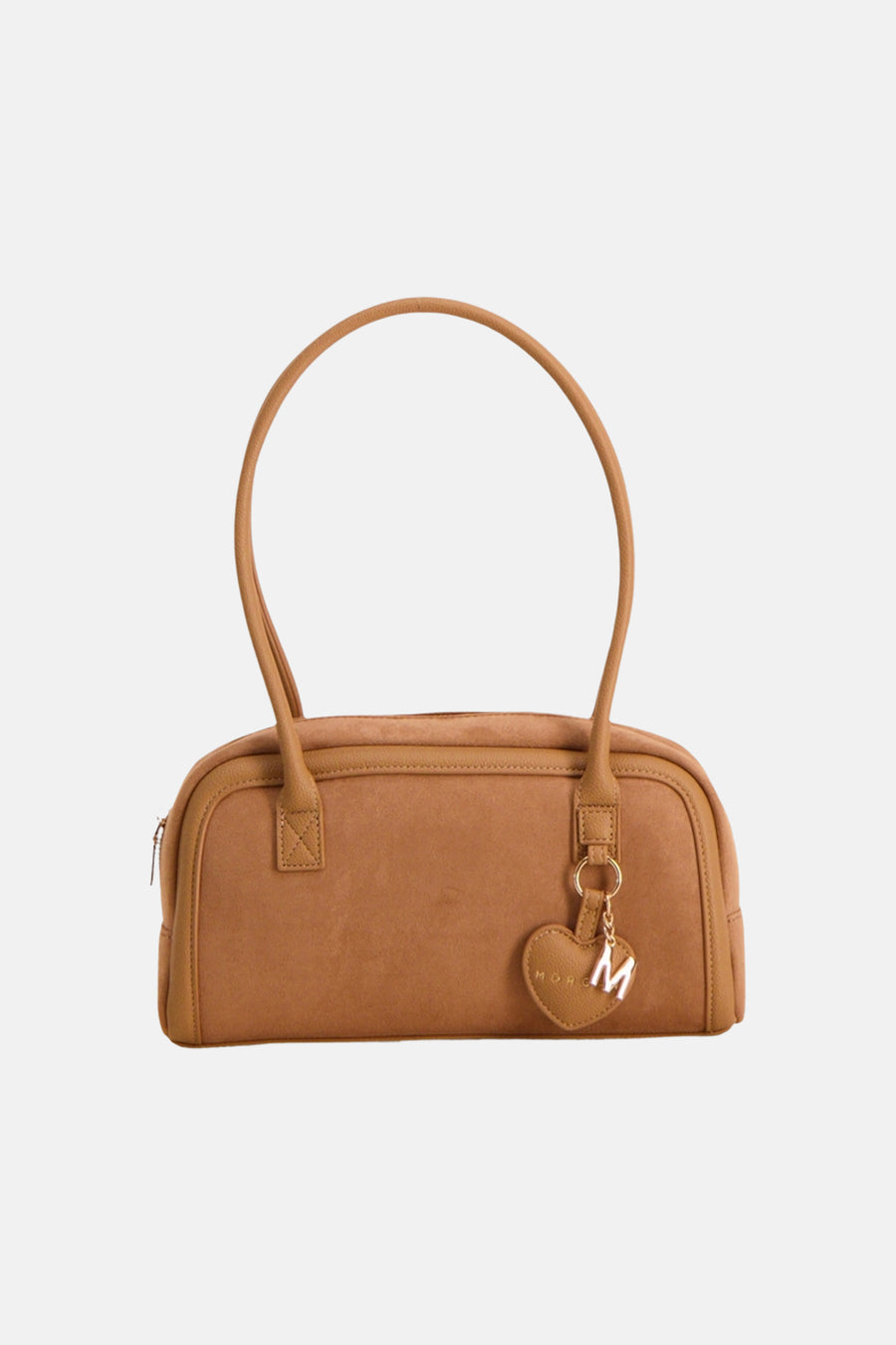 Cognac suede handbag with rounded top handle and heart-shaped charm by Mora, front view