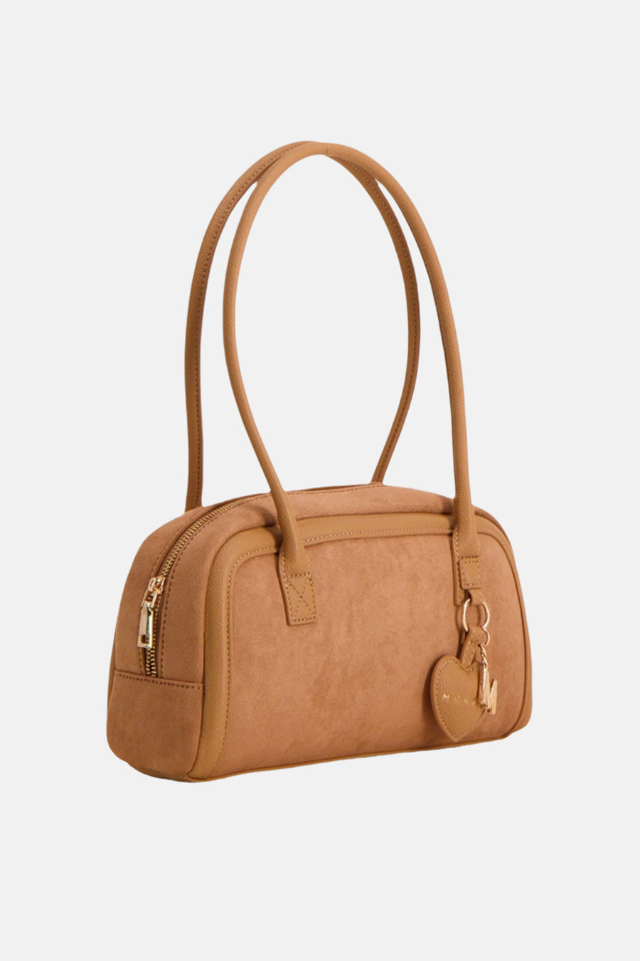 Cognac suede handbag with rounded shape and dual top handles, featuring a side zipper and heart-shaped charm with initial detail, front view