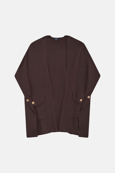 Brown knit gilet by CAROLL with front pockets and gold-tone buttons, back view