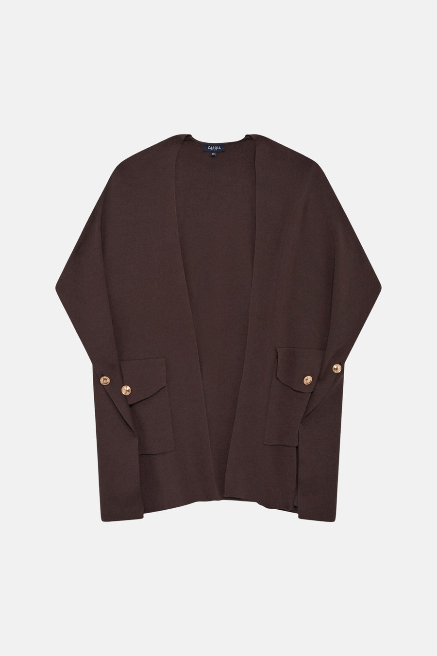 Brown knit gilet by CAROLL with front pockets and gold-tone buttons, back view