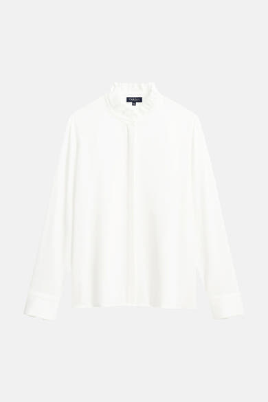 White long-sleeve blouse with ruffled stand collar by CAROLL, front view, smooth fabric, clean design