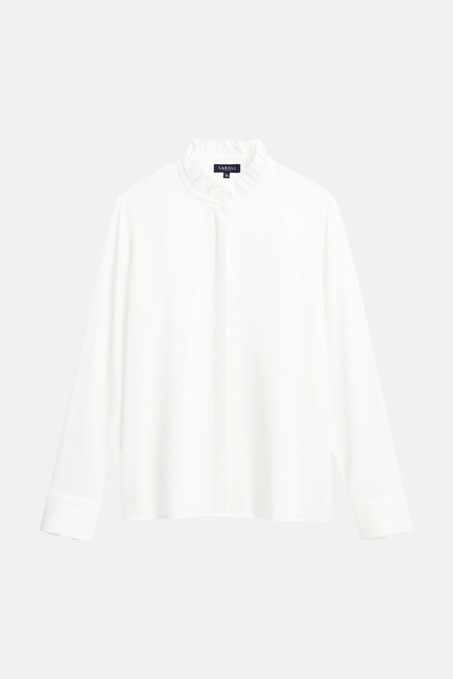 White long-sleeve blouse with ruffled stand collar by CAROLL, front view, smooth fabric, clean design