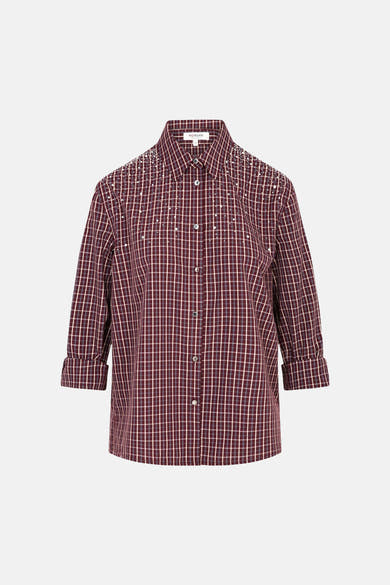 Red plaid long-sleeve blouse by Morgan with white stud embellishments on shoulders and cuffs, front button closure, displayed flat.