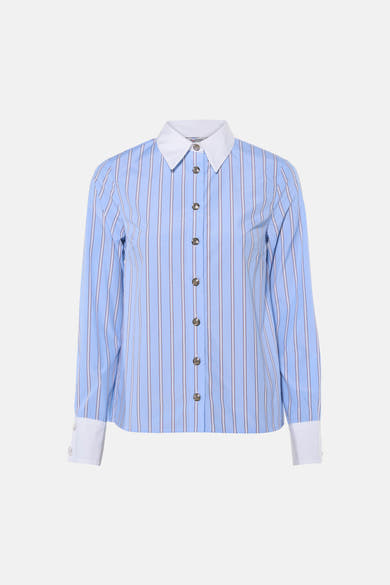 Chemise bleue à rayures fines, col et poignets blancs, boutons argentés, vue de face par Morgan de Toi