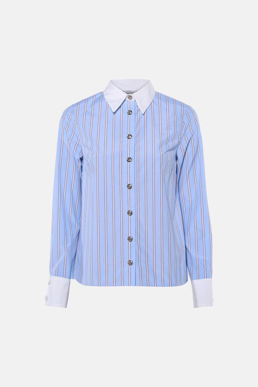 Chemise bleue à rayures fines, col et poignets blancs, boutons argentés, vue de face par Morgan de Toi