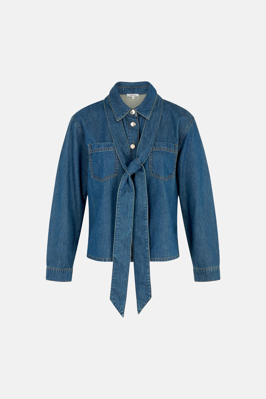 Mid blue denim long-sleeve shirt by Morgan with front tie, two chest pockets, and button closure, front view