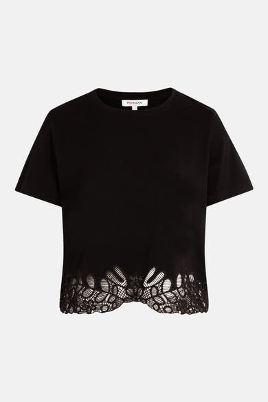 Black short-sleeve t-shirt by Morgan with floral lace trim at hem, front view