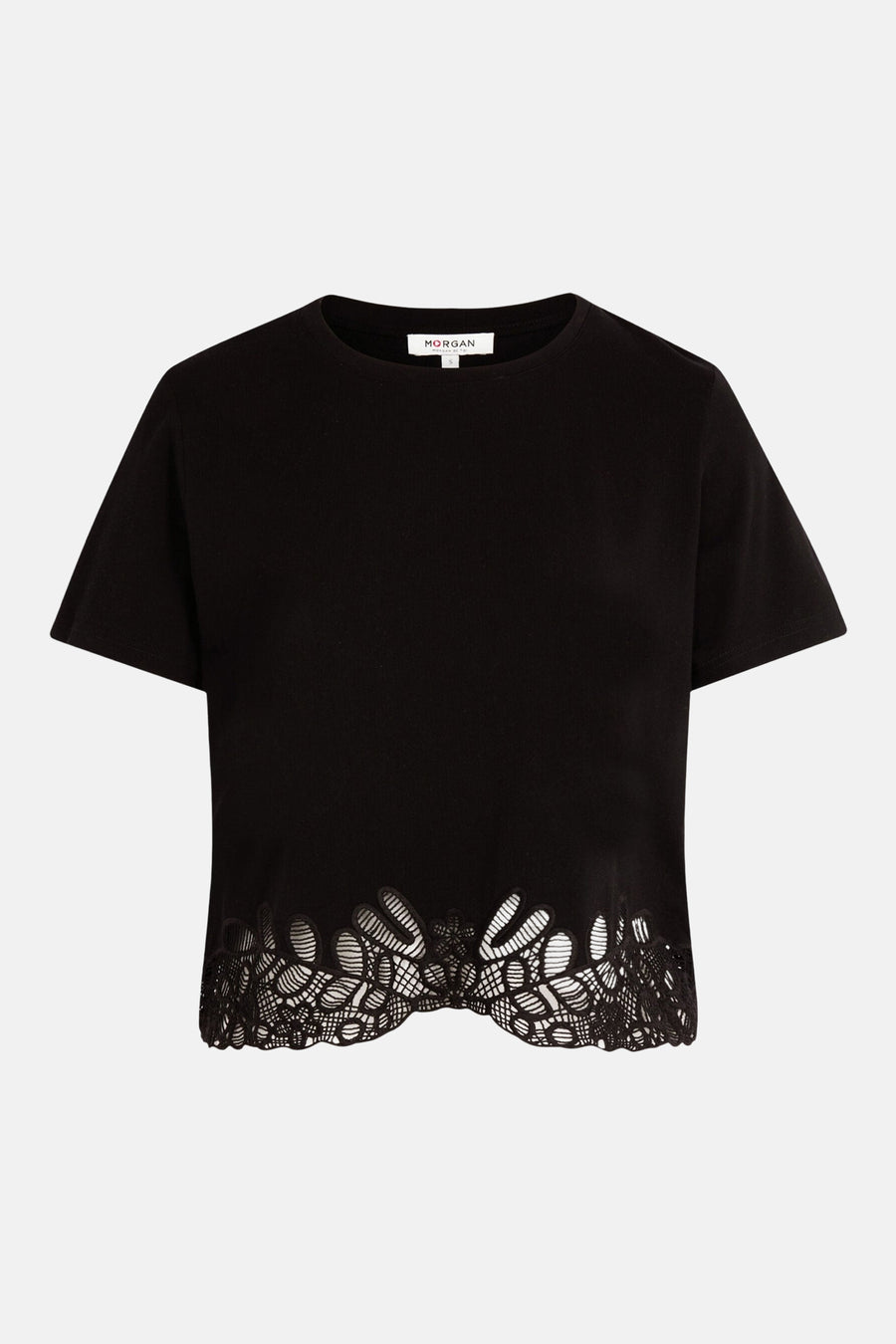Black short-sleeve t-shirt by Morgan with floral lace trim at hem, front view