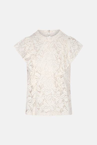Ecru lace short-sleeve blouse with floral pattern and ruffled details, front view