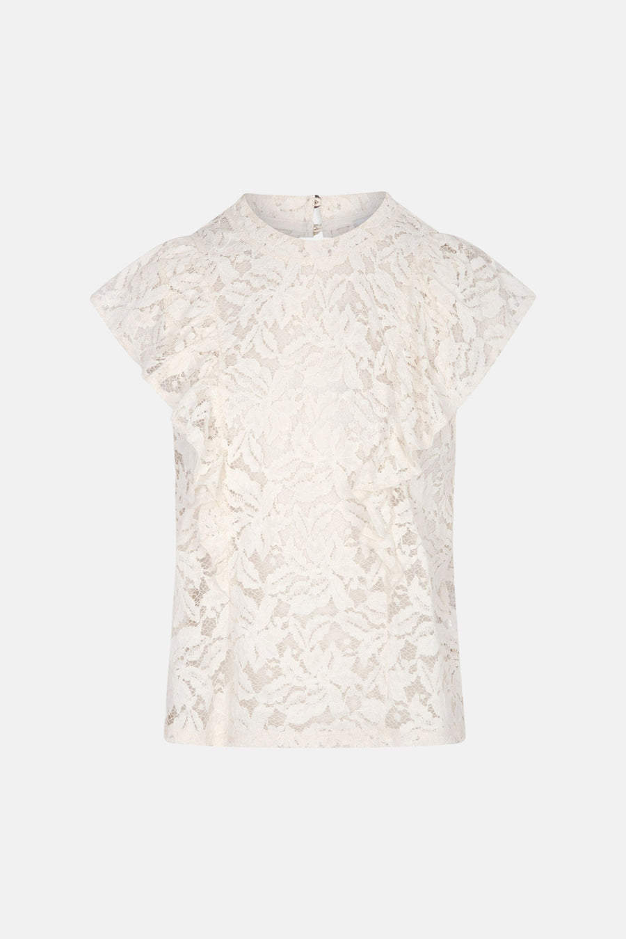 Ecru lace short-sleeve blouse with floral pattern and ruffled details, front view