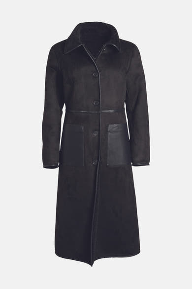 Black long coat with suede texture and leather trim by Morgan de Toi, featuring front buttons, patch pockets, and a plush collar, shown front view.