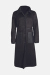 Black long coat with suede texture and leather trim by Morgan de Toi, featuring front buttons, patch pockets, and a plush collar, shown front view.