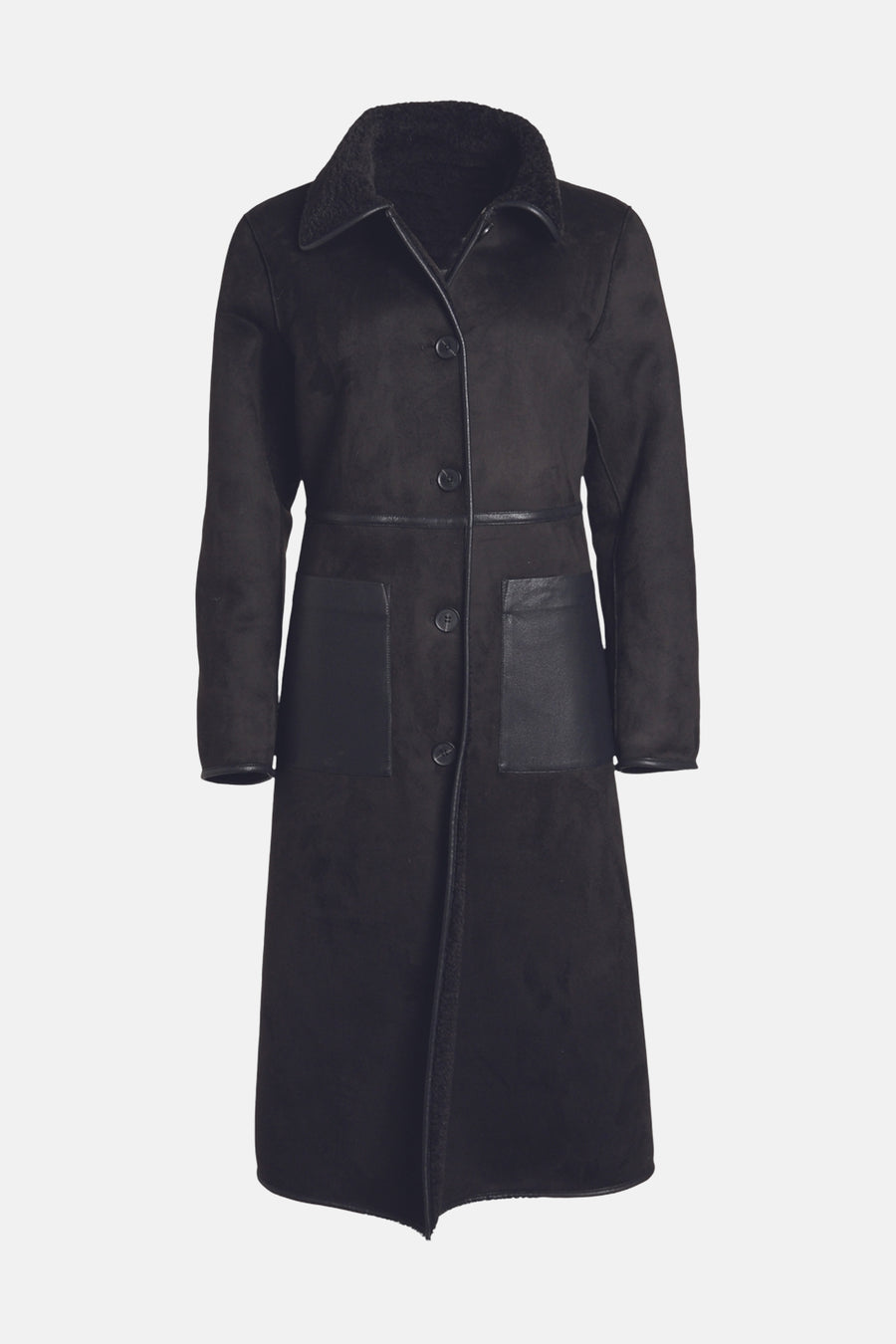 Black long coat with suede texture and leather trim by Morgan de Toi, featuring front buttons, patch pockets, and a plush collar, shown front view.