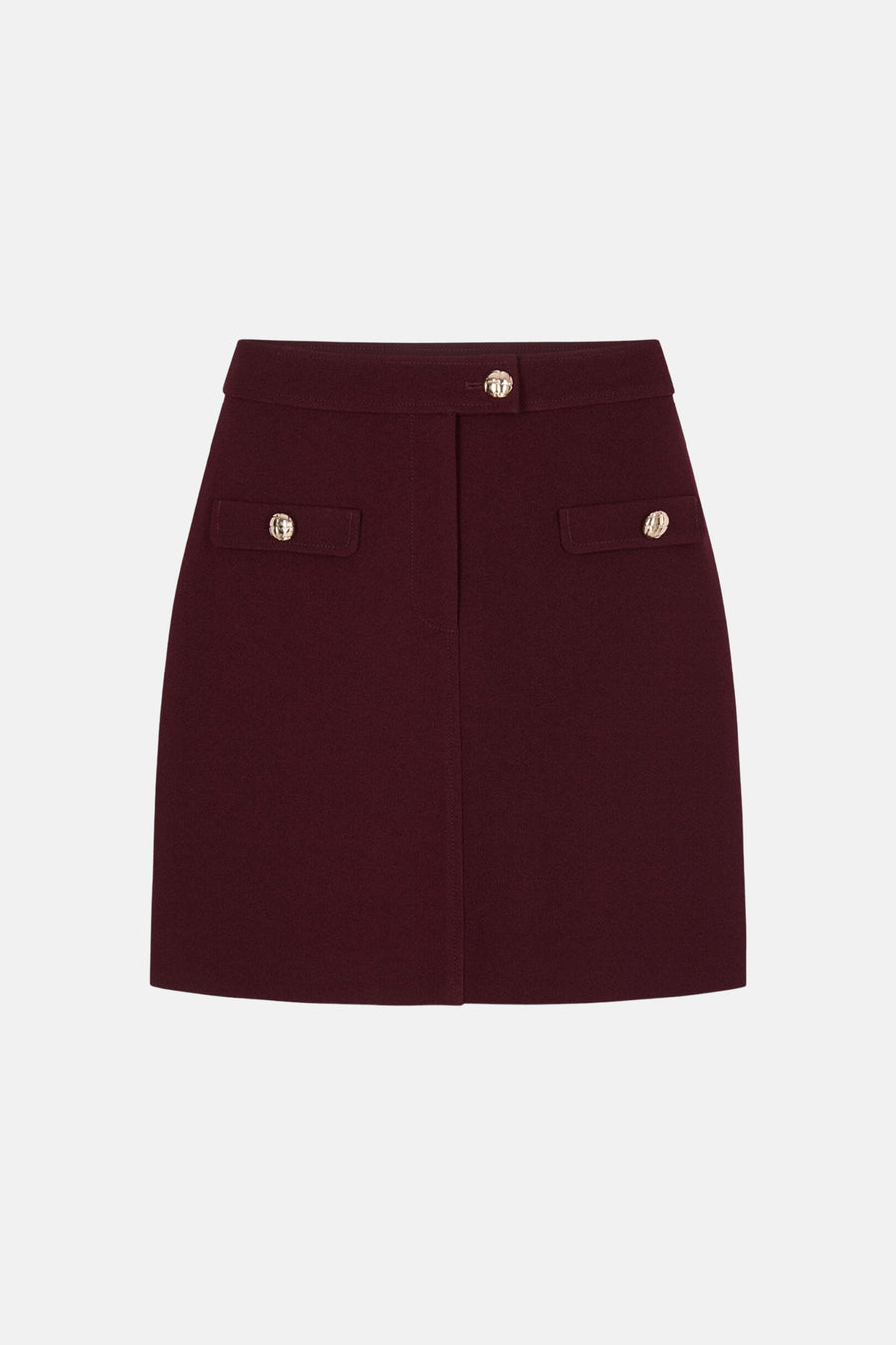 Burgundy A-line skirt with front pockets and gold-tone buttons, front view, textured fabric, casual style