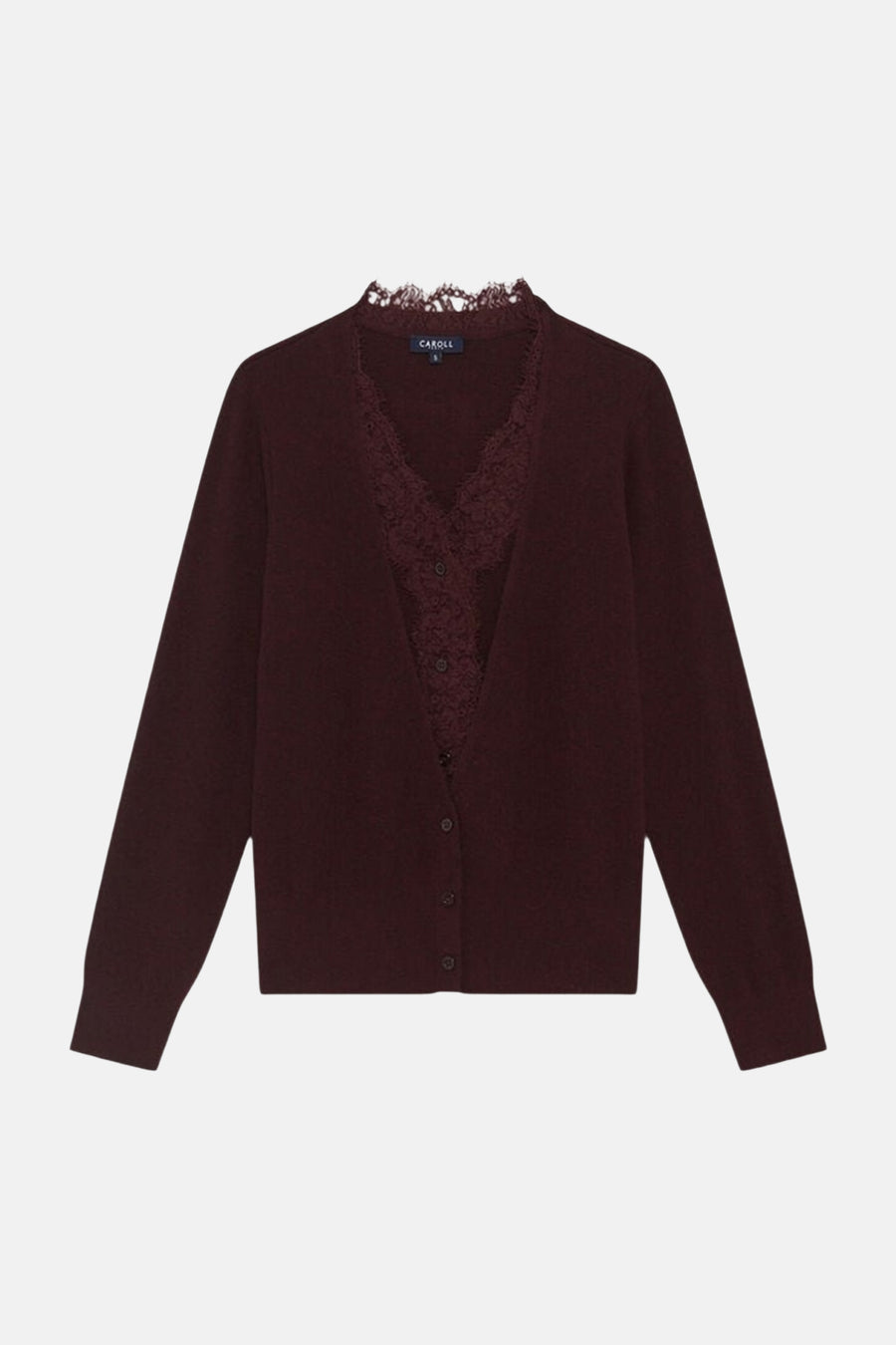 Pull col V bordeaux CAROLL à manches longues, avec dentelle au col et fermeture boutonnée.