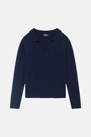 Pull col V bleu marine à manches longues CAROLL