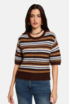 Multicolored striped round-neck sweater with brown, tan, and white horizontal bands, ribbed trim, short sleeves, worn with blue jeans in front view