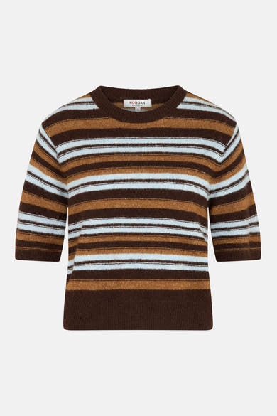 Multicolored striped round-neck sweater by Morgan, featuring brown, tan, and white horizontal bands, ribbed cuffs and hem, front view.