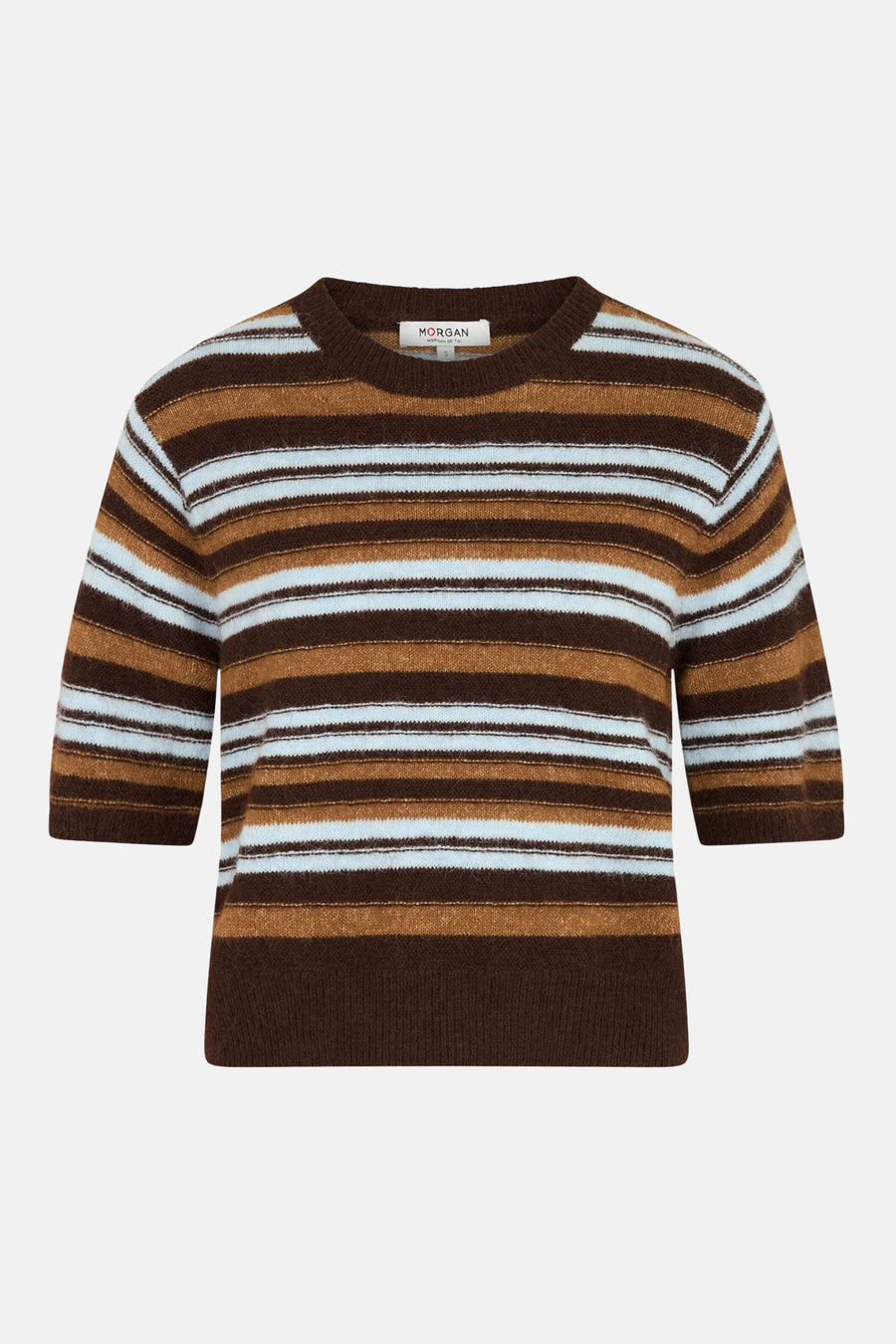Multicolored striped round-neck sweater by Morgan, featuring brown, tan, and white horizontal bands, ribbed cuffs and hem, front view.