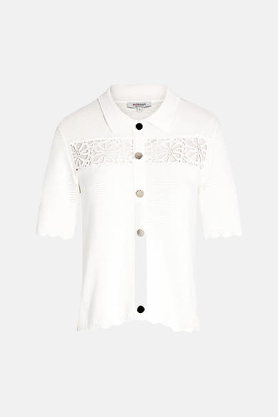 White O-neck knit pullover by Morgan with floral lace panel, front buttons, and scalloped hem, front view