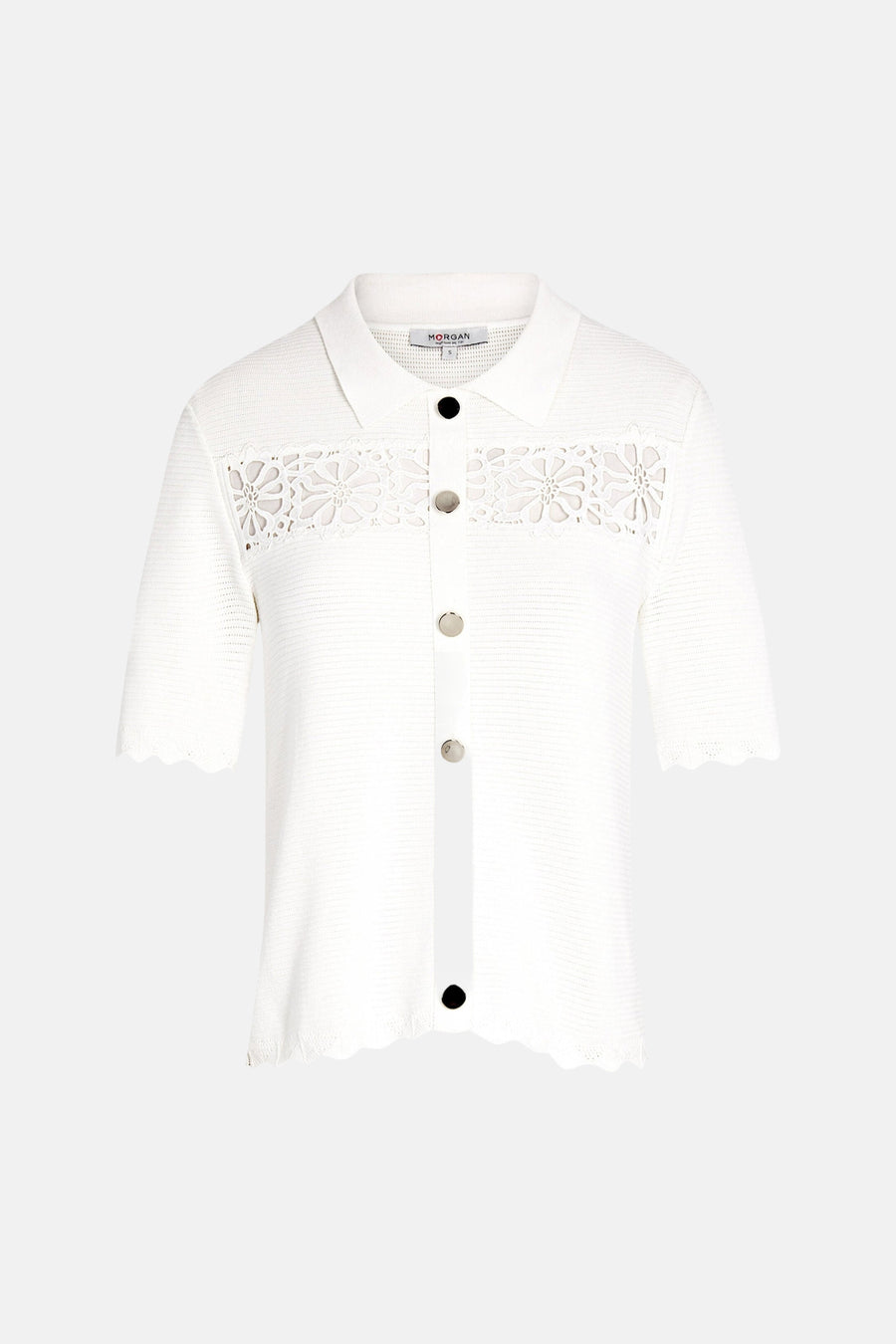 White O-neck knit pullover by Morgan with floral lace panel, front buttons, and scalloped hem, front view