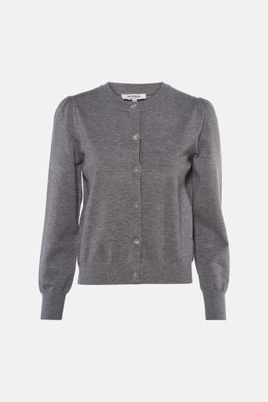 Cardigan gris en maille fine avec boutons décoratifs par Morgan de Toi, manches bouffantes, vue frontale