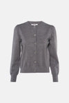Cardigan gris en maille fine avec boutons décoratifs par Morgan de Toi, manches bouffantes, vue frontale