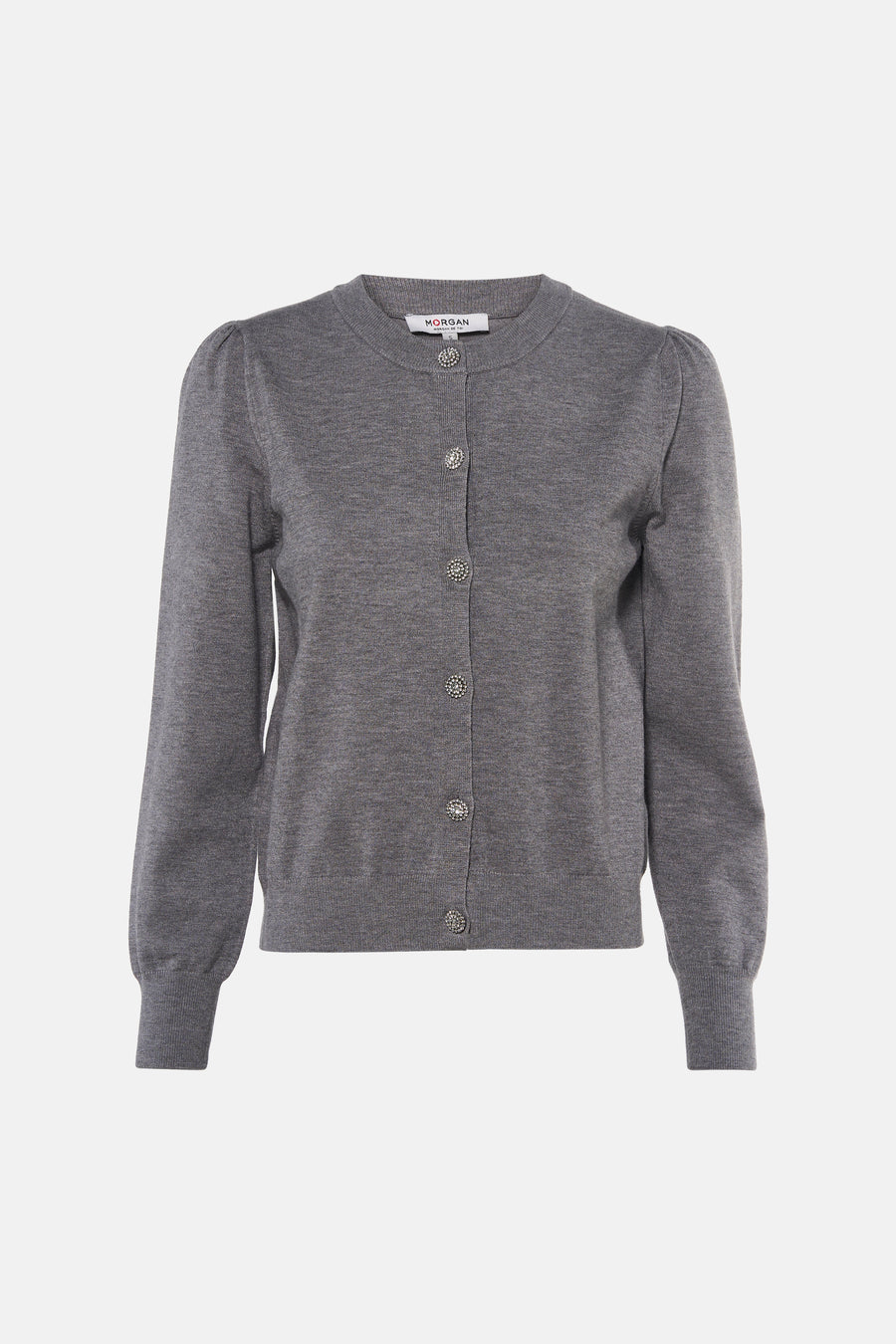 Cardigan gris en maille fine avec boutons décoratifs par Morgan de Toi, manches bouffantes, vue frontale