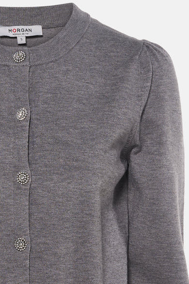 Cardigan gris en maille fine avec boutons décoratifs scintillants, de Morgan de Toi, vue rapprochée du devant